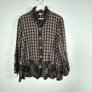 Habitat Womens Plaid Button-Up Ruffle Hem Jacket Large Lagenlook Brown Black